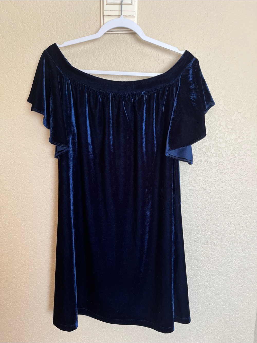 Boston Proper royal blue velvet off the shoulder dress